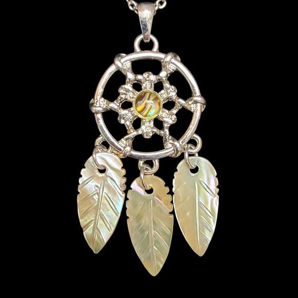 Dreamcatcher Necklace Silver-tone‎ Mother of Pearl Feather Chain Pendant Gift - Picture 2 of 5